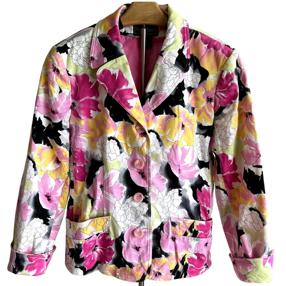 Laura Scott Womens‎ Pink Watercolor Floral Stretch Fitted Blazer Jacket Size 8